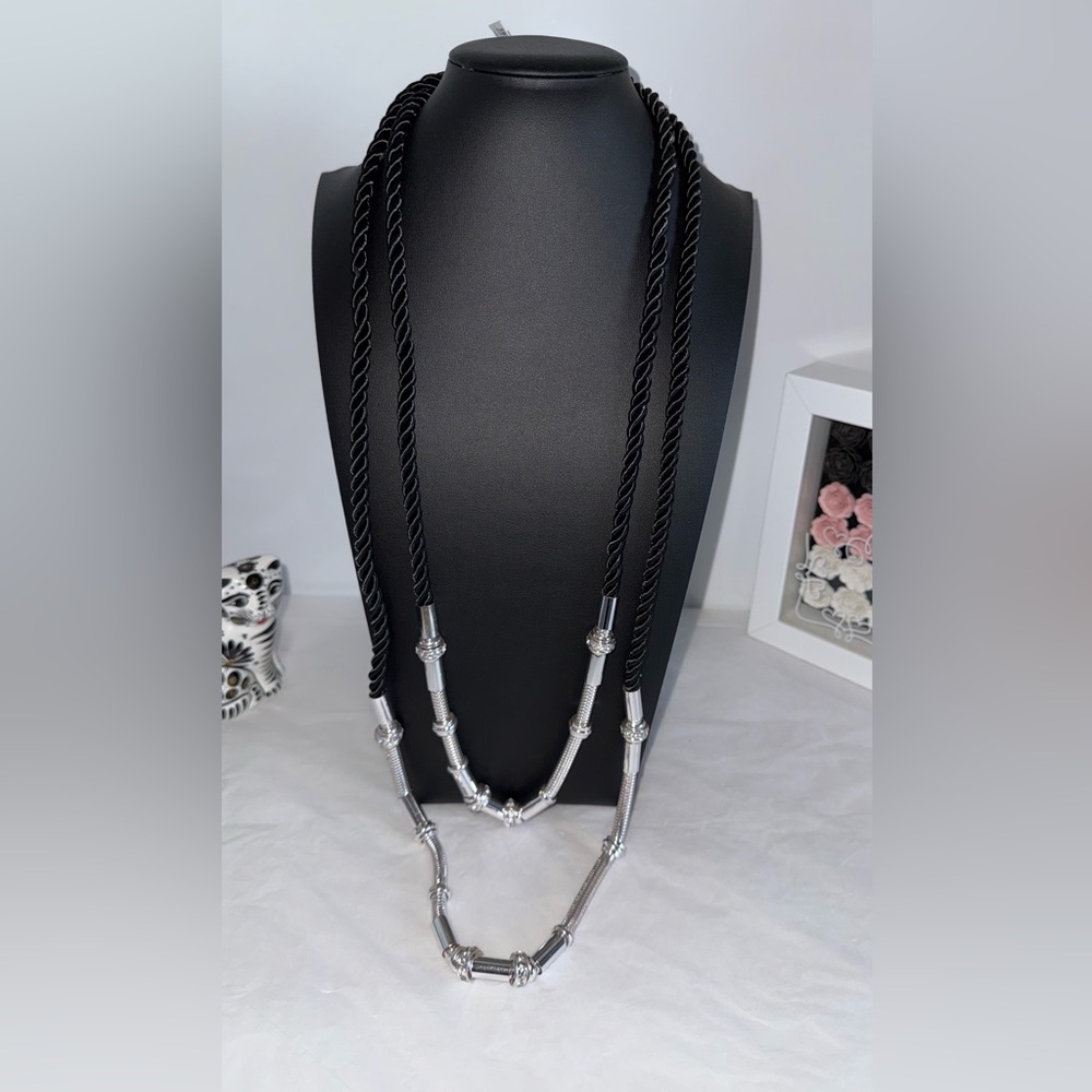 Chico’s Black Twisted Cord Statement Necklace Silver-Tone Accents